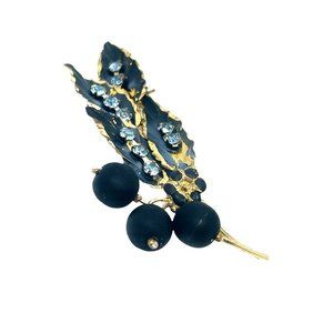 Signed Austria Gold Toned Brooch with Black Enamel and Blue Crystal Vintage 1950
